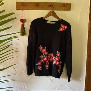 Vintage Black Sweater with Red embroidered flowers